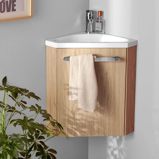 Meuble Lave-Mains en Ch¨ºne avec Vasque Blanche et Robinet Chrom¨¦