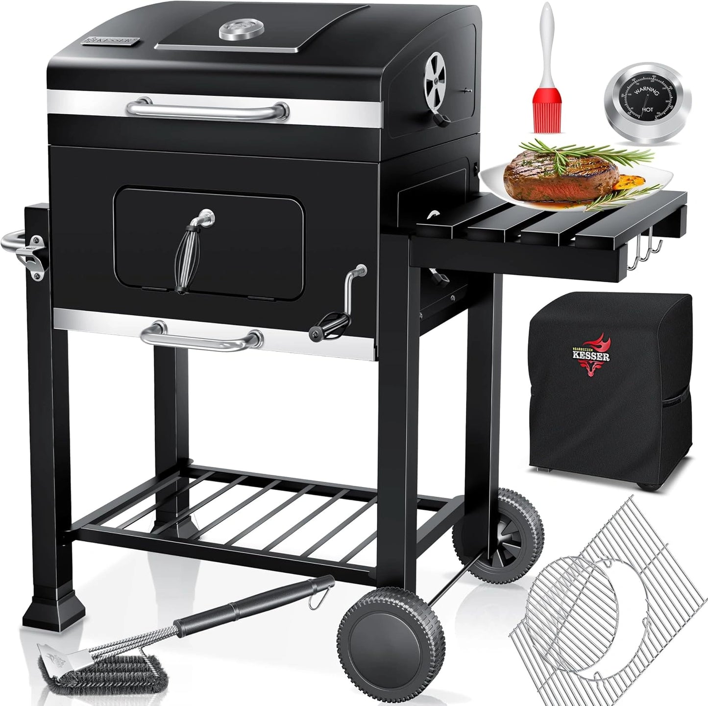 Barbecue Charbon de Bois XL avec Chariot, Couvercle et Accessoires Complets