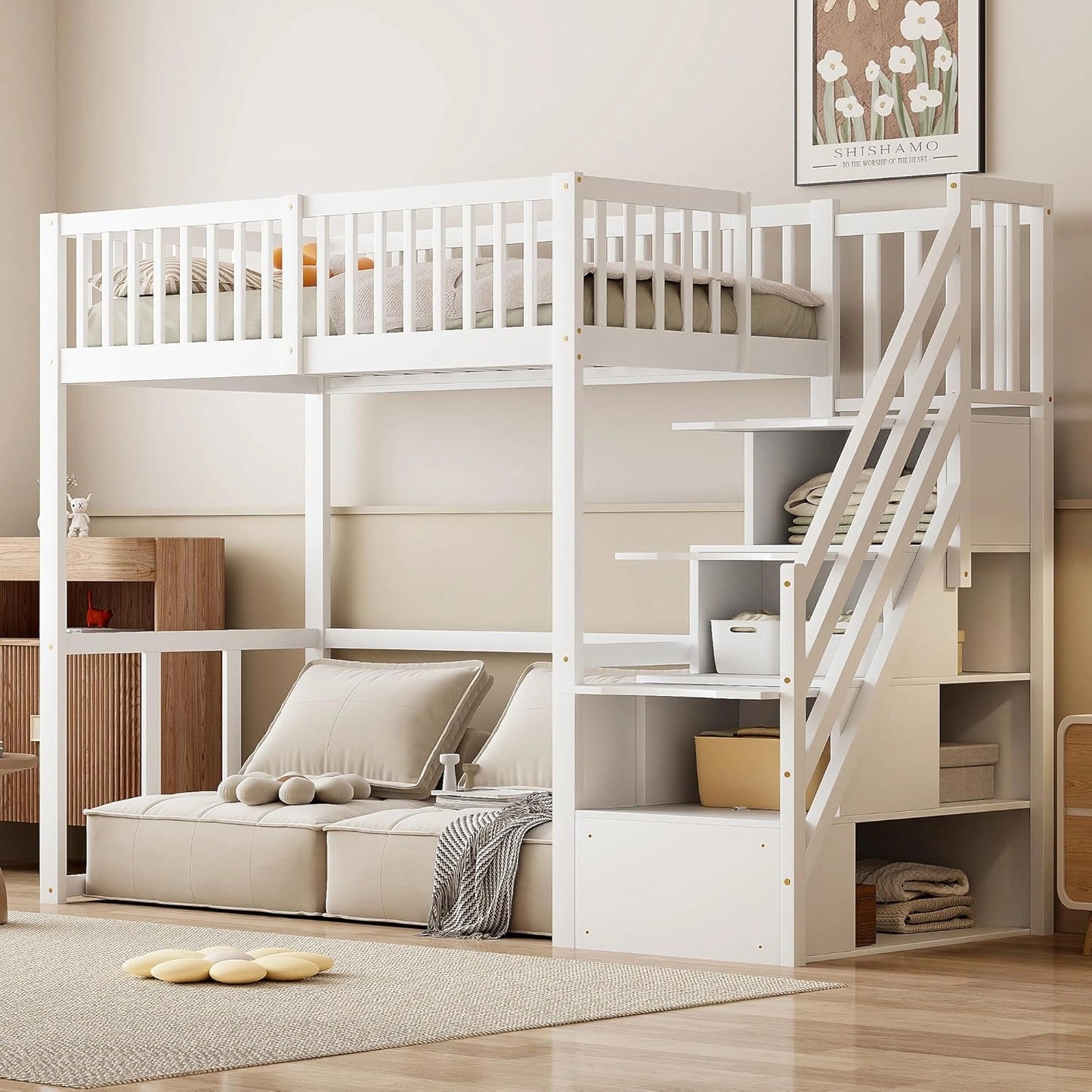 Lit Mezzanine Enfant 90x200 cm Merax Blanc avec Escalier et Rangement
