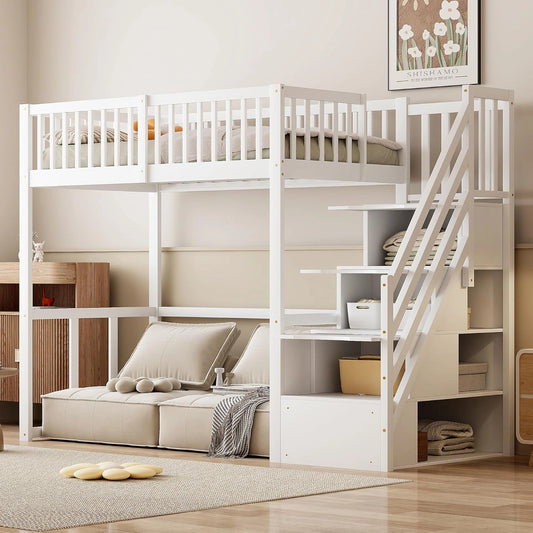 Lit Mezzanine Enfant 90x200 cm Merax Blanc avec Escalier et Rangement