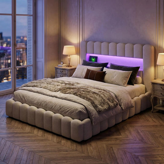 BRILVERDE Lit 160x200 cm avec LED, Chargement USB et Rangement, Sommier ¨¤ Lattes Inclus, Matelas Non Inclus (Beige)