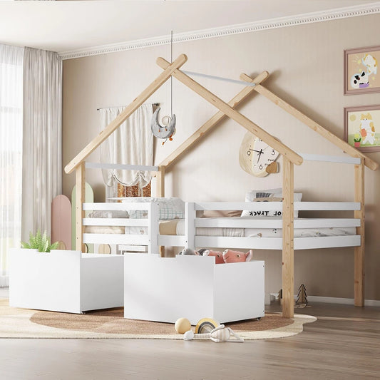 Lit Enfant en Bois 90x200 cm avec ¨¦chelle et Tiroirs, Barri¨¨re Anti-Chute et Sommier Inclus, Design Maison, Blanc