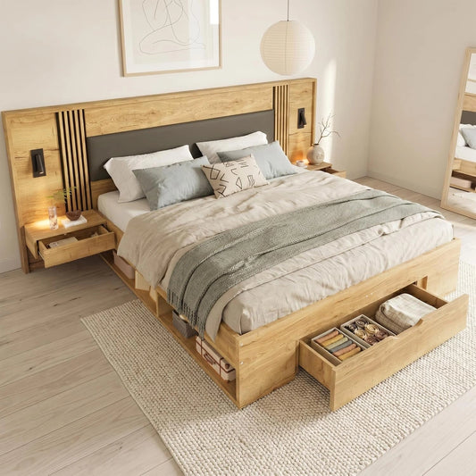 Lit Double en Bois 160x200 avec Tiroirs et Tables de Chevet, ¨¦clairage Int¨¦gr¨¦, Sommier ¨¤ Lattes