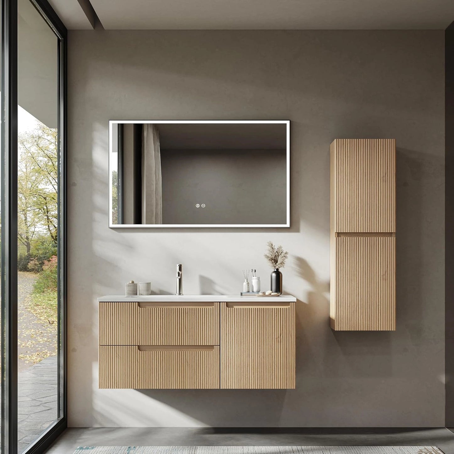 Armoire Murale 100 cm avec Vasque en R¨¦sine Min¨¦rale, 2 Tiroirs et Porte, Design Fin, Fermeture Douce, Finition ¨¦lagu¨¦e, Id¨¦ale pour Grandes Salles de Bain, Sable Dor¨¦