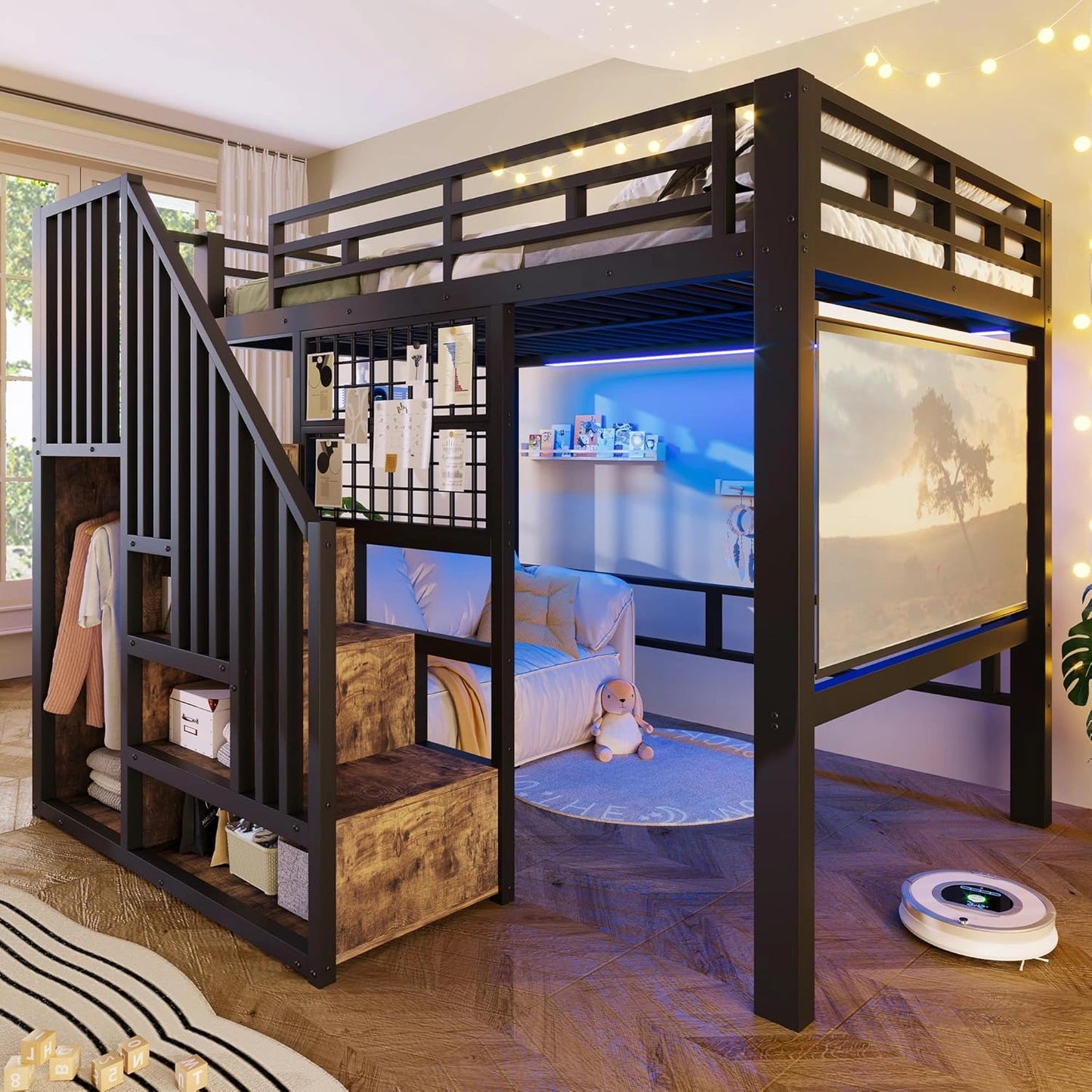Lit Mezzanine Double 140x200 cm en M¨¦tal Noir avec ¨¦clairage LED, ¨¦chelle de Rangement et Cadre Suspendu