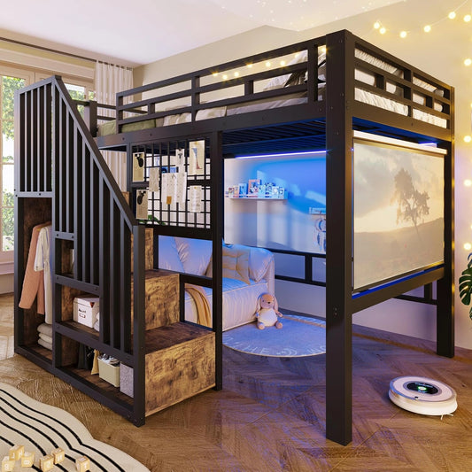 Lit Mezzanine Double 140x200 cm en M¨¦tal Noir avec ¨¦clairage LED, ¨¦chelle de Rangement et Cadre Suspendu