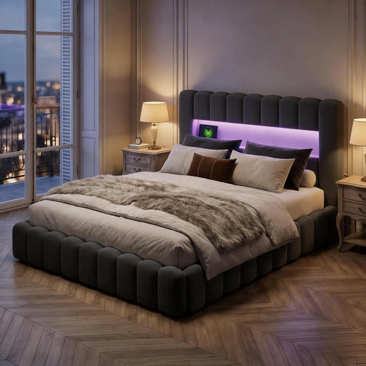 Lit Double 160x200 cm avec Rangement, LED et USB-C, Structure en Lin Gris