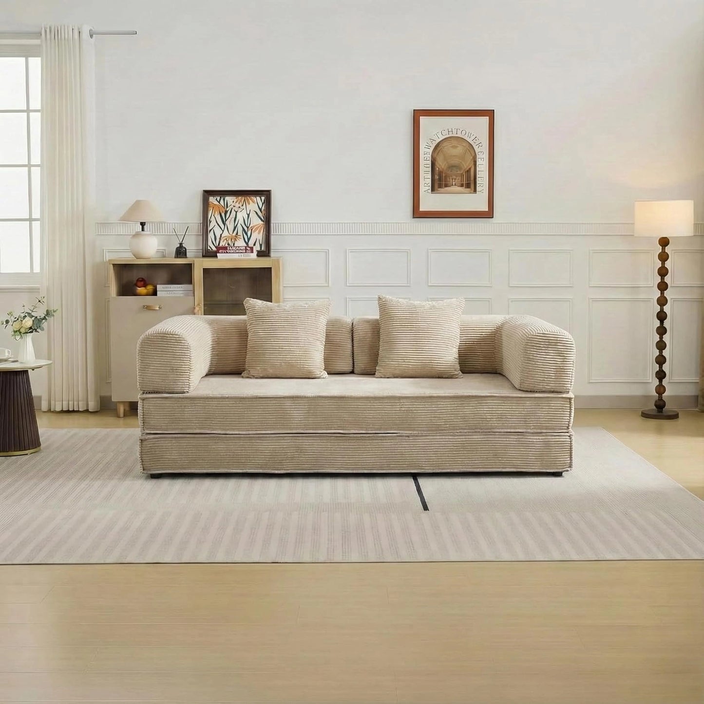 Canap¨¦ Convertible 3 Places Velours Beige Modulable et Confortable