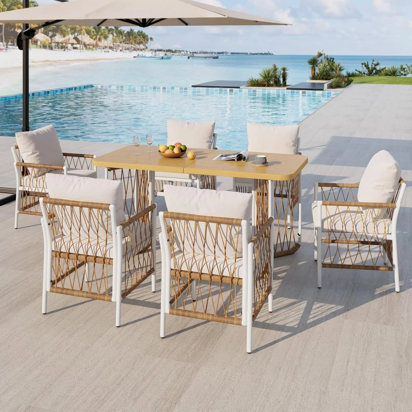 Ensemble de Jardin 7 Pi¨¨ces - Table Effet Bois et Chaises en Rotin