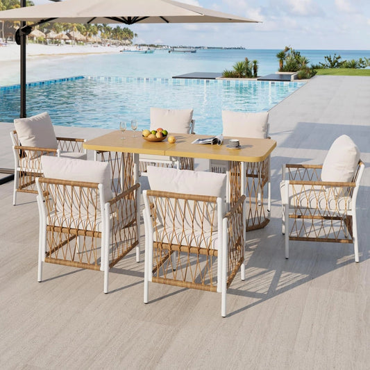 Ensemble de Jardin 7 Pi¨¨ces - Table Effet Bois et Chaises en Rotin