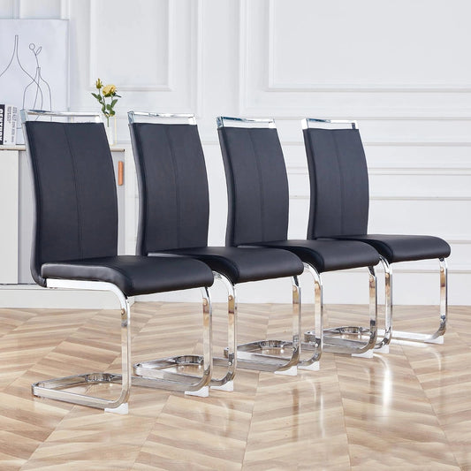 Merax Ensemble de 4 Chaises de Salle ¨¤ Manger Modernes en Cuir PU, Dossier Haut, Structure M¨¦tal, Noir
