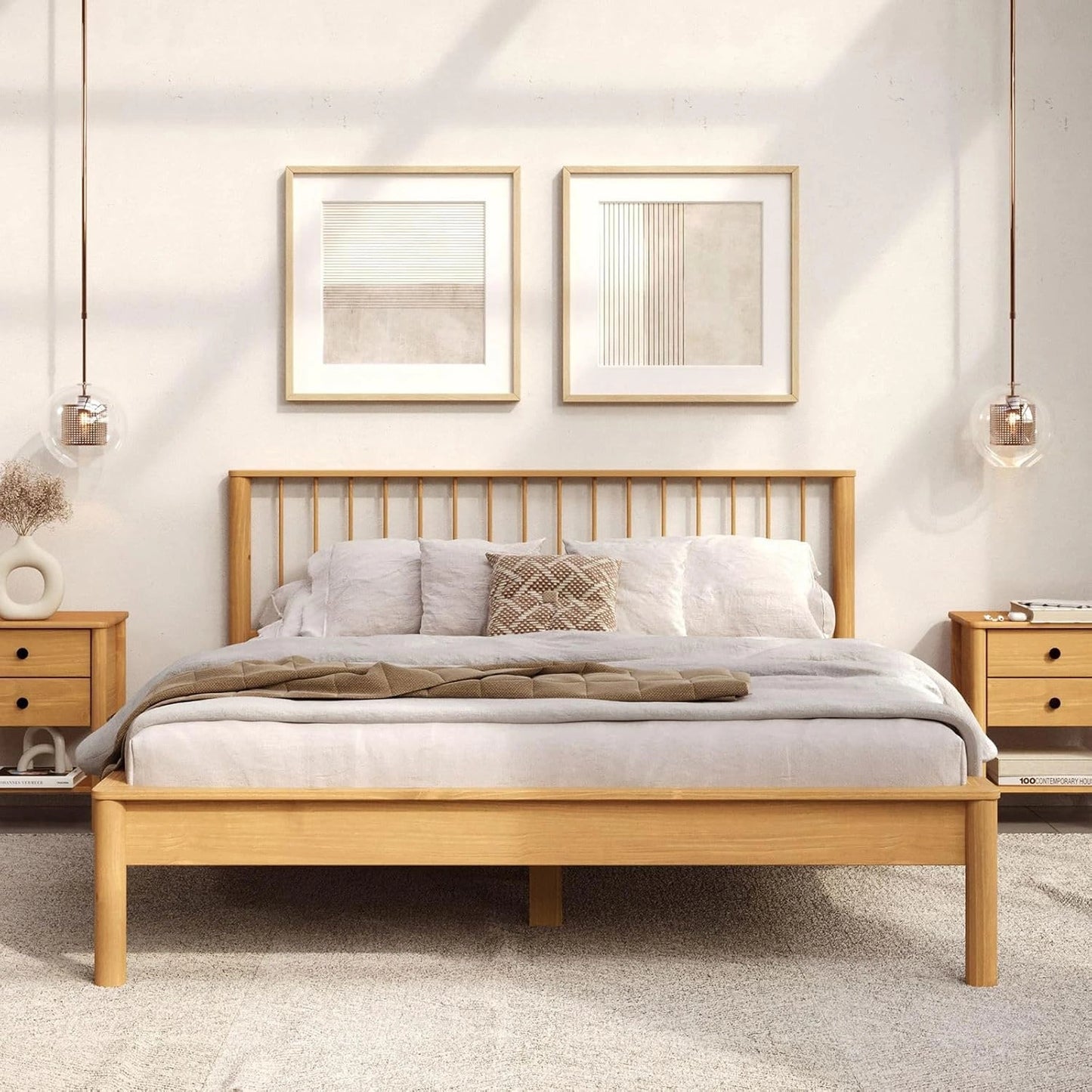Lit Double 140x190 en Ch¨ºne Massif avec Sommier, Cadre Robuste avec T¨ºte de Lit ¨¤ Barreaux pour Chambre Moderne