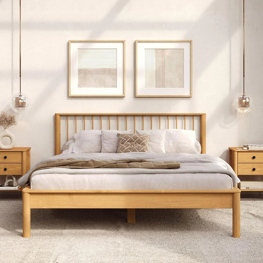 Lit Double 140x190 en Ch¨ºne Massif avec Sommier, Cadre Robuste avec T¨ºte de Lit ¨¤ Barreaux pour Chambre Moderne