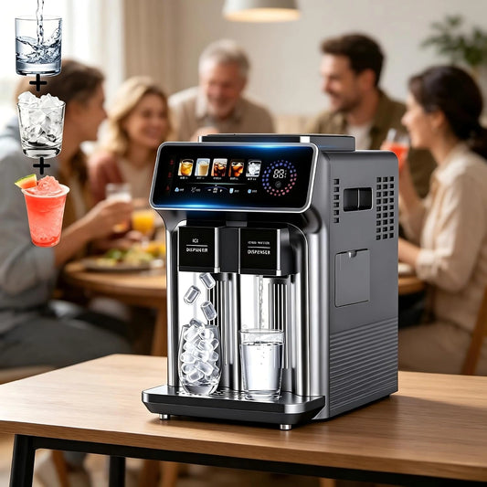 Appareil ¨¤ Gla?ons et Distributeur d'Eau Froide 3-en-1 avec ¨¦cran LCD, 5 Tailles de Gla?ons, Production de 15kg/24h
