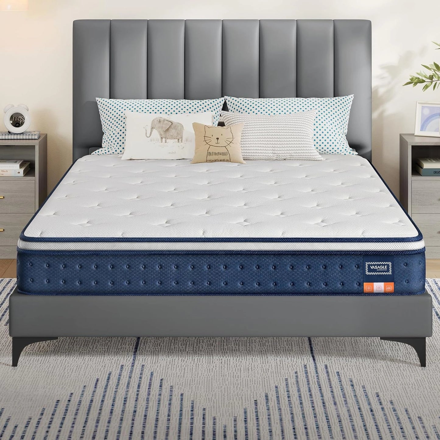 Matelas Hybride 140x190 cm, Ressorts Ensach¨¦s et M¨¦moire de Forme, Soutien Mi-Ferme 7 Zones, Bords Renforc¨¦s, VASAGLE, Bleu