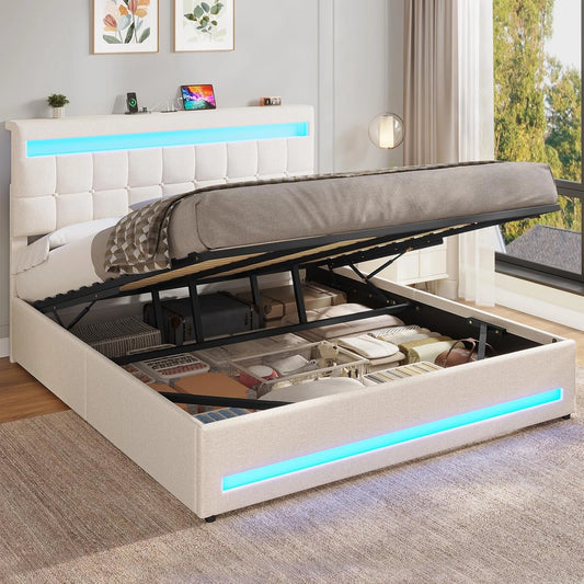 Lit Coffre 180x200 avec LED et USB, Rangement Hydraulique, T¨ºte R¨¦glable, Lin Gris Fonc¨¦