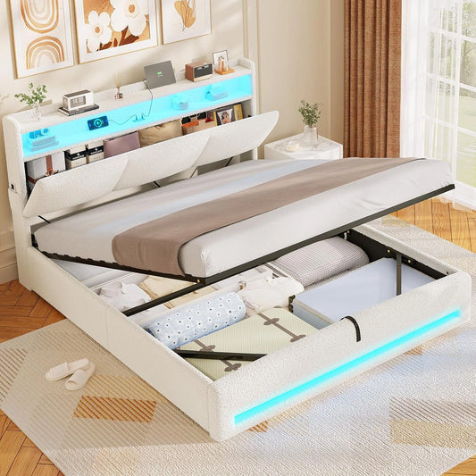 Lit Double 140x200 avec LED et Ports USB, T¨ºte Capitonn¨¦e, ¨¦tag¨¨res et Rangement, Velours Beige