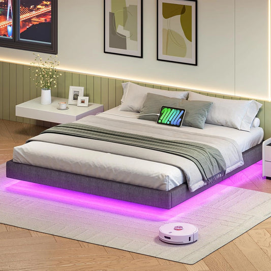 Lit Double 180x200 cm avec Chargeur et LED, Cadre en M¨¦tal, Montage Facile, Gris Fonc¨¦