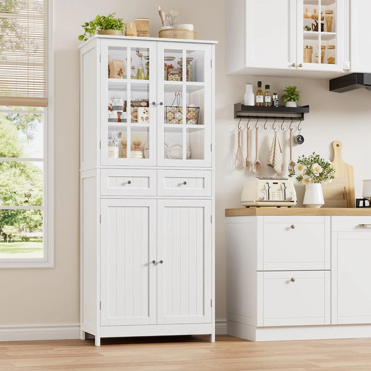 HOCSOK Armoire de Cuisine Moderne 180 cm, Vaisselier Blanc avec Portes Vitr¨¦es et Tiroirs