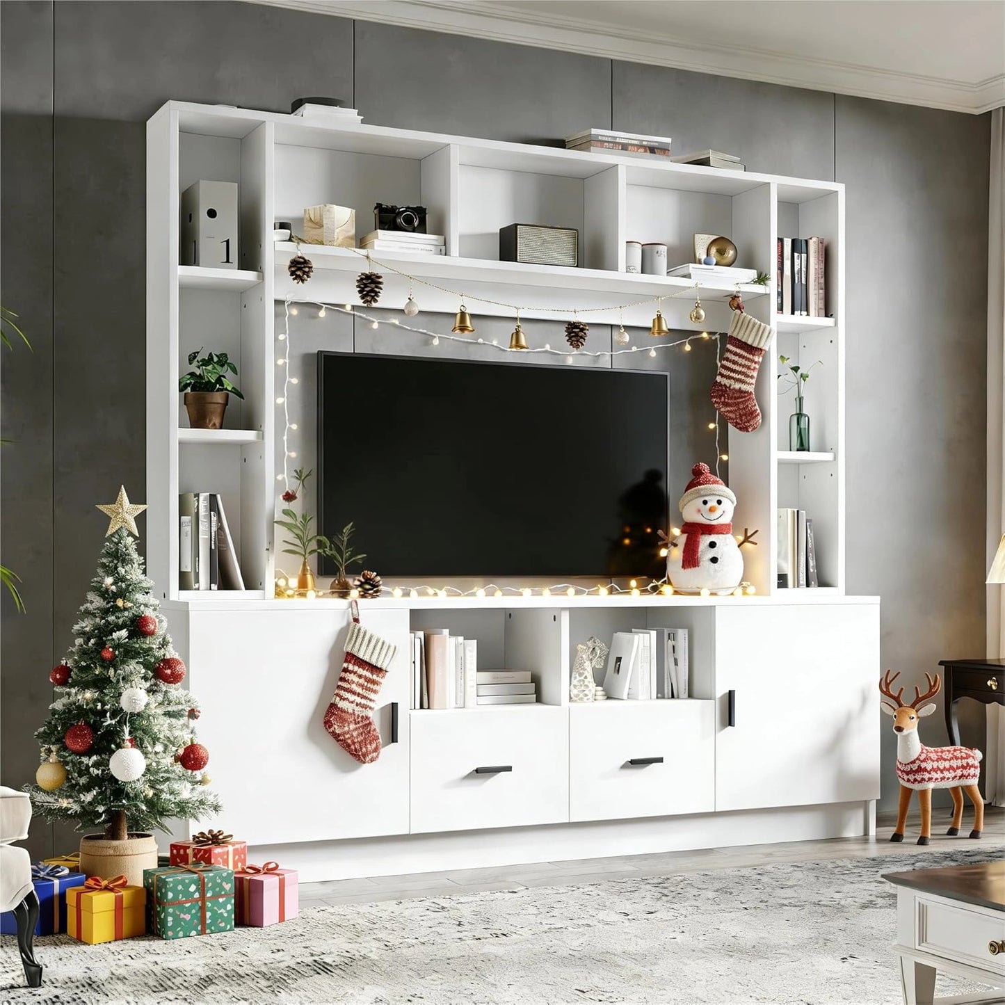 Ensemble Meuble TV Mural avec Vitrine et Rangement, Convient aux ¨¦crans jusqu'¨¤ 60 Pouces, Blanc