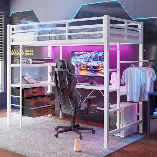 Lit mezzanine enfant en m¨¦tal avec LED et bureau int¨¦gr¨¦, blanc 90x200