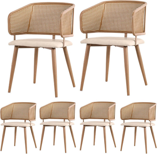 Lot de 6 Chaises de Salle ¨¤ Manger en Cuir PU et Rotin avec Pieds M¨¦talliques Effet Bois