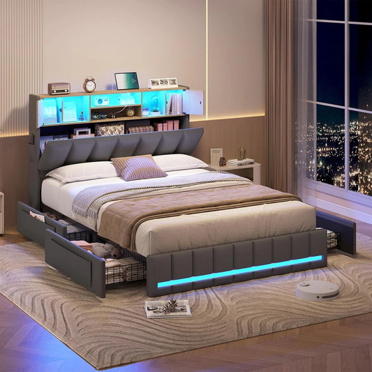 Lit Double Moderne 140x190 avec ¨¦clairage LED, Multiprise et Rangement Tiroirs - Gris