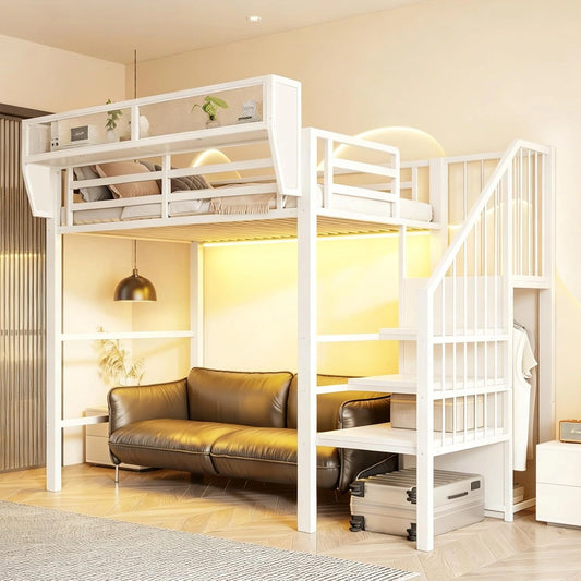 Lit mezzanine en m¨¦tal 90x200 cm avec LED, ¨¦chelle s¨¦curis¨¦e et rangement, pour enfants et adultes, blanc