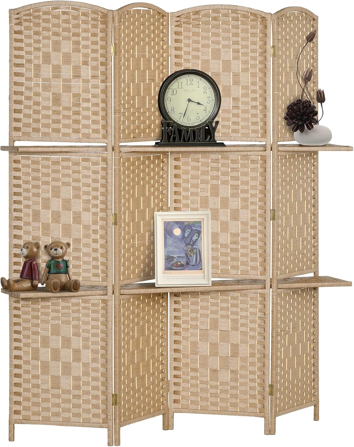 HOMCOM S¨¦parateur de Pi¨¨ce en Bois Pliable avec 4 Panneaux et ¨¦tag¨¨res 160x170 cm pour Bureau ou Salon