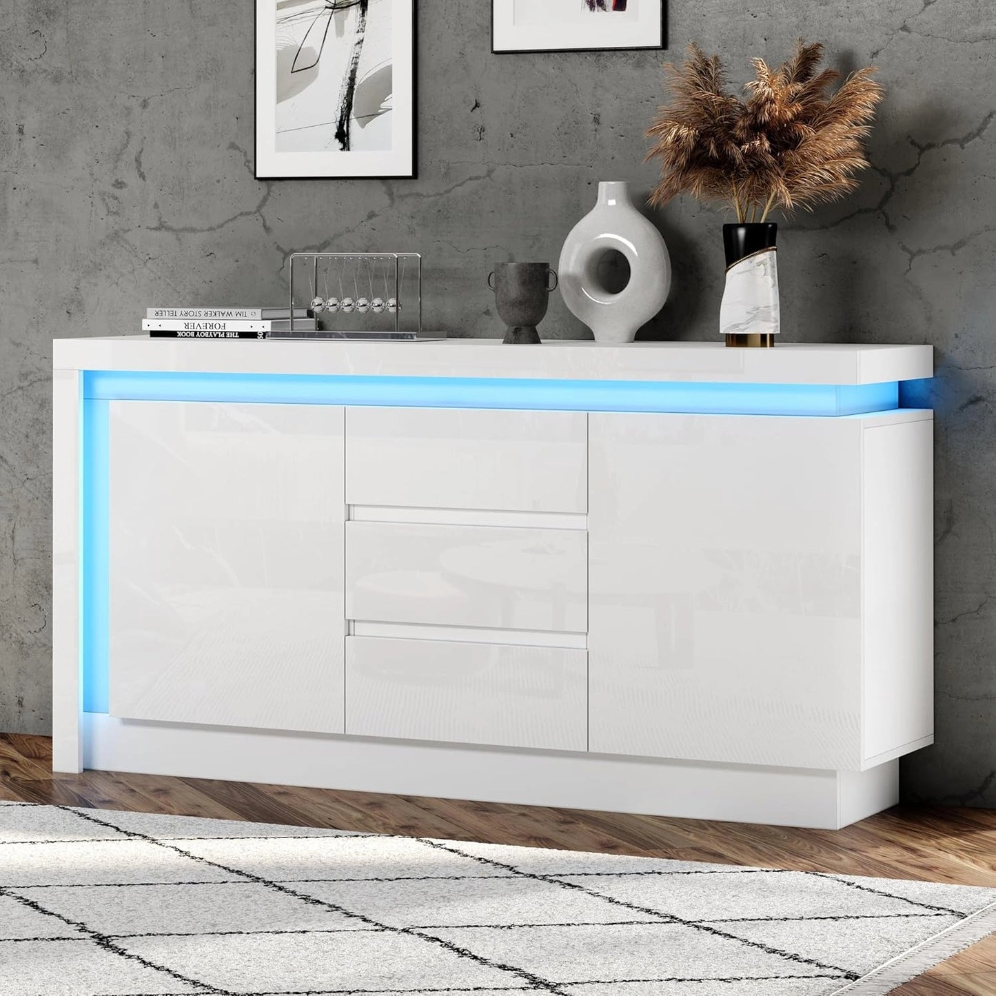 Buffet Merax blanc laqu¨¦ avec LED, 2 portes, 3 tiroirs, pour salon et salle ¨¤ manger, 140 cm