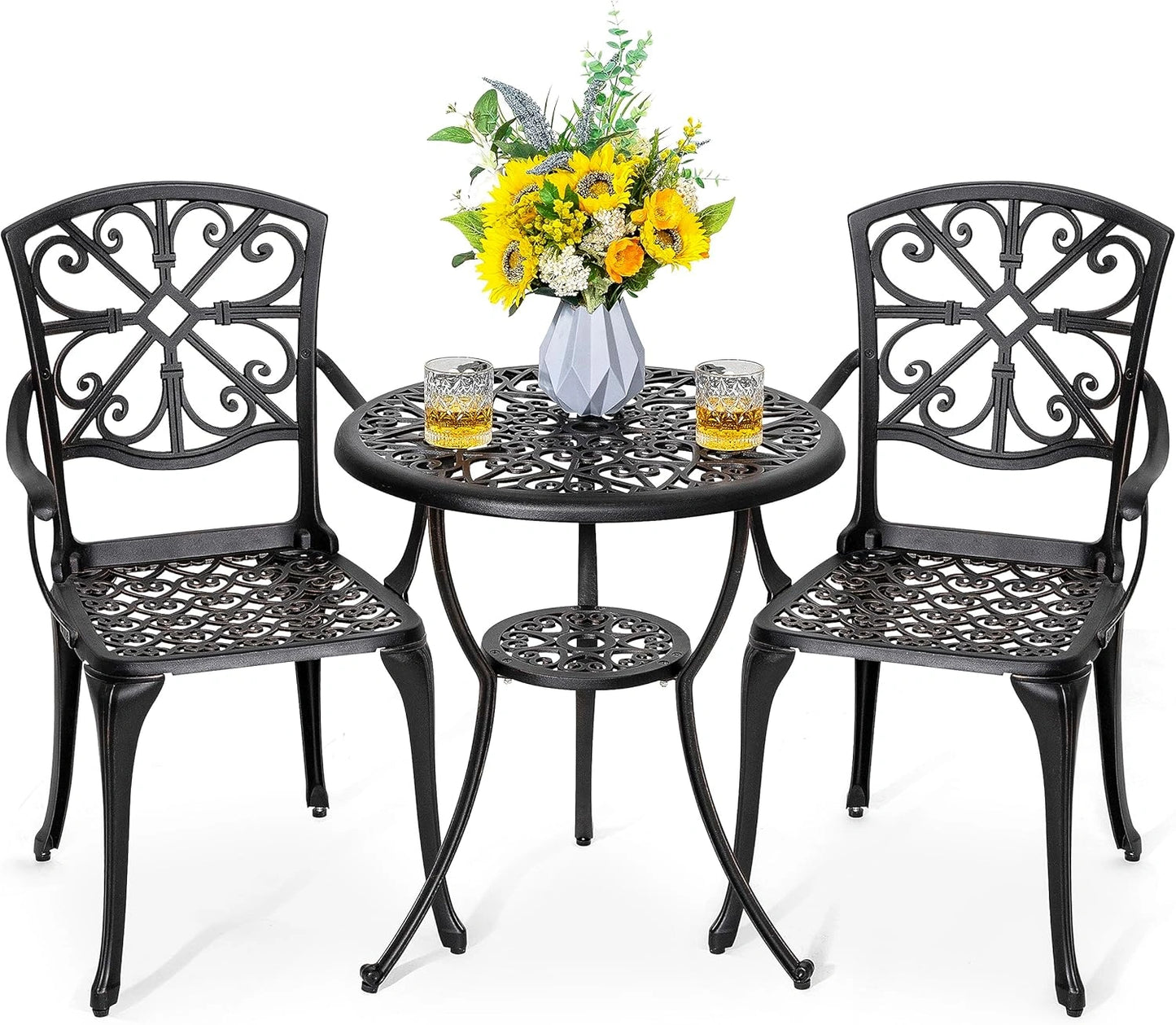 Ensemble de Jardin 3 Pi¨¨ces en Aluminium, Table Ronde 60 cm et 2 Fauteuils, Trou de Parasol, Noir et Or