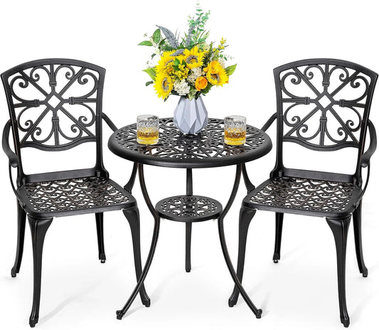 Ensemble de Jardin 3 Pi¨¨ces en Aluminium, Table Ronde 60 cm et 2 Fauteuils, Trou de Parasol, Noir et Or
