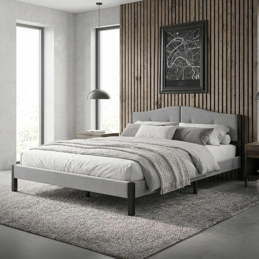 Lit Double 160x200 cm en Tissu de Lin Gris avec Sommier et T¨ºte de Lit