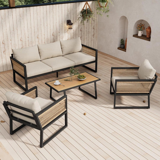 Set de Jardin Merax 5 Places - Canap¨¦, Fauteuils et Table Basse - R¨¦sistant aux Intemp¨¦ries - Beige