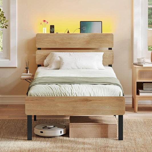 Lit Simple Industriel 90x190 avec LED et Ports USB, Cadre M¨¦tallique avec Rangement, Montage Facile, Marron